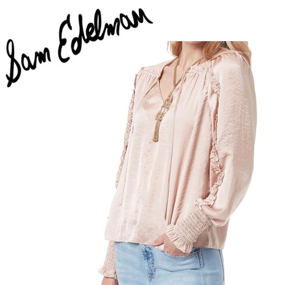 Sam Edelman Varick Satin Long Sleeve Top in Shifting Sand - Picture 1 of 6